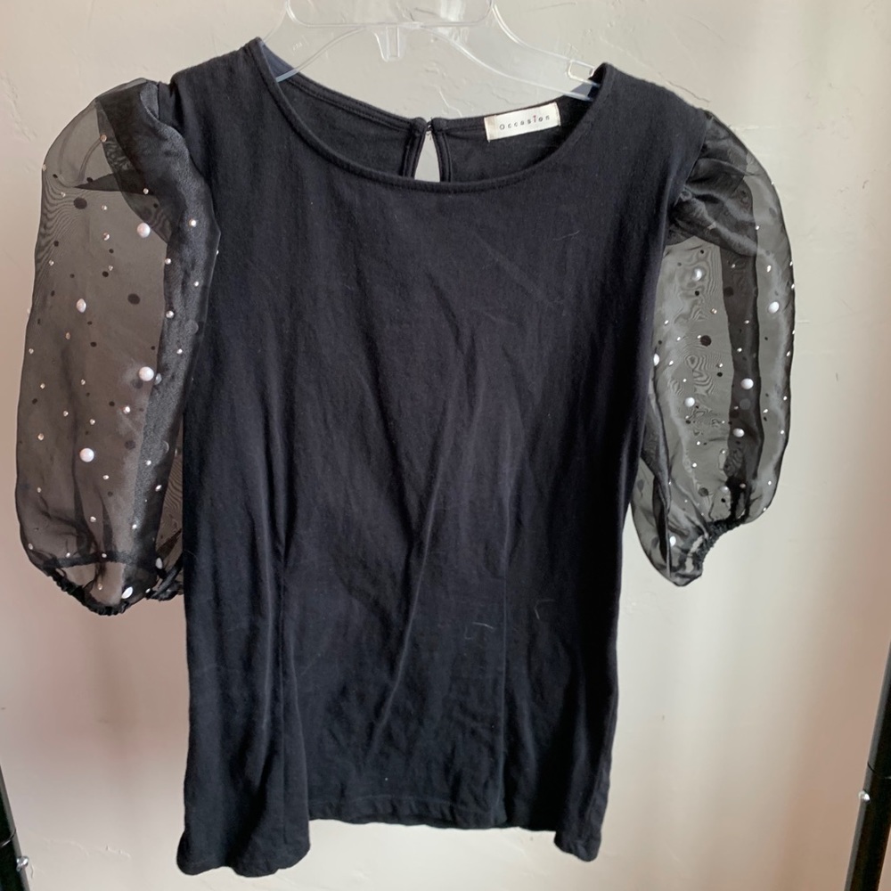 Black Tee with Sheer Puff Sleeves and Pearls